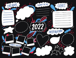 Wish board template with place for goals, dreams list, travel plans and inspiration. Vision collage for teens, nursery poster design. Journal page for planning, new year resolutions in 2022. Vision