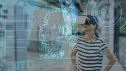 Poster - Animation of data processing and padlock over woman wearing vr headset