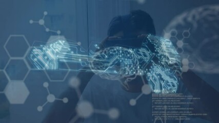 Poster - Animation of data processing and network of connections over boy wearing vr headset