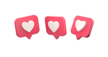 Poster - Social Media Heart icon on different angle, like icon, 3d icon, heart, online social communication applications concept, message, like notification isolated on white background. 3d rendering