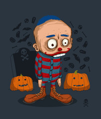 Ugly disappointed clown among the pumpkins against a background of Halloween symbols