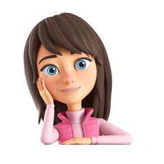 Wall Mural - Cartoon character girl in a pink jacket leaned against an empty board. 3d render illustration.