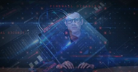 Poster - Animation of changing numbers and letters over online security padlock and man using computer