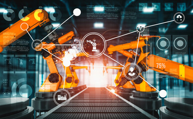 mechanized industry robot arm for assembly in factory production line . concept of artificial intell