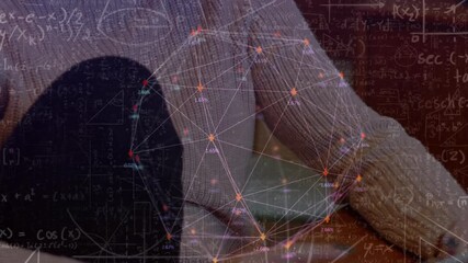Poster - Animation of moving math formulas and data processing over woman using smartphone