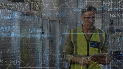 Poster - Animation of moving math formulas and data processing over man using tablet