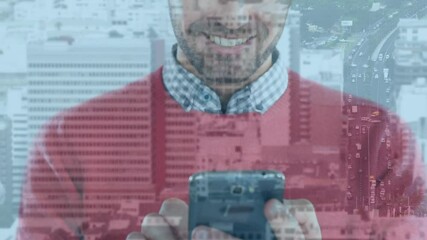 Poster - Animation of man using smartphone over cityscape