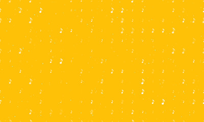 Poster - Seamless background pattern of evenly spaced white musical note symbols of different sizes and opacity. Vector illustration on amber background with stars