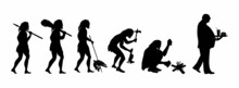The Evolution Of Obtaining Food From Caveman To Modern Man.
Isolated On A White Background.
Copy Space. Black Silhouettes On A White Background. Vector Illustration.
