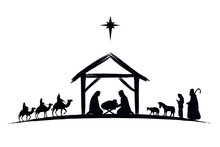 Nativity Scene Silhouette Jesus In Manger, Shepherd And Wise Men. Christmas Story Mary Joseph And Baby Jesus In Nursery. The Birth Of Christ With Bethlehem Star, Vector Illustration