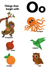 Things That Start With The Letter O. Educational, Vector Illustration For Children.