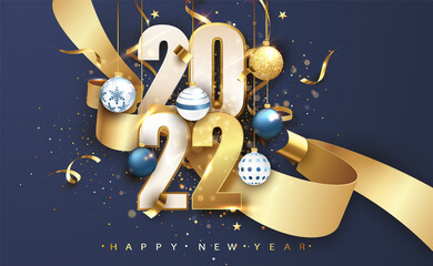 Wall Mural - 2022 Happy new year. Blue festive background with gift bow and glitter. Happy New Year Banner for greeting card, calendar.