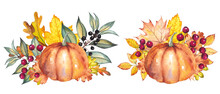 Autumn Arrangements With Pumpkins, Colorful Leaves And Berries. Watercolor Isolated On White Background.