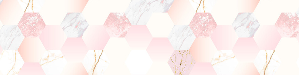 Wall Mural - Vector geometric pattern with gold metallic lines, glitter, pink and gray marble. Modern hexagon tile abstract texture on white background. Pink, rose, nude in pink hexagon pattern. Vector EPS10