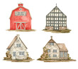 Watercolor cute farm houses and red barn. Rural living, cottages, autumn estate. Cottagecore aesthetic