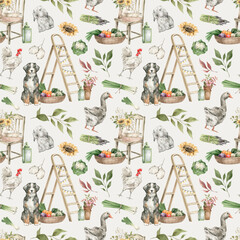 Watercolor seamless pattern with cute farm animals and vegetables. Autumn rural aesthetic. Dog, goose, rabbit, stepladder, chair, basket of veggies. Harvest season