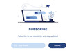 Vector banner of email marketing. Subscription to newsletter, news, offers, promotions. A letter in envelope on laptop. Buttons template. Subscribe, submit. Send by mail. Follow me. Blue. Eps 10