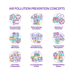  Air pollution prevention concept icons set. Renewable energy idea thin line color illustrations. Clean public transportation. Waste management. Vector isolated outline drawings. Editable stroke