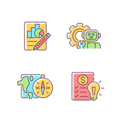 Poster - Diversity of school subjects RGB color icons set. Economics report. IT classes. Geography lessons. Financial literacy education. Isolated vector illustrations. Simple filled line drawings collection