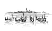 Gondolas In Venice, Italy. Hand Drawn Vector Sketch Illustration With Moored Gondolas View Of San Giorgio Maggiore Church In Venice, Italy.