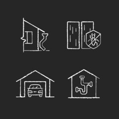 Sticker - Residential construction chalk white icons set on dark background. Roof drainage system. Protection from termite. Parking space. Piping network. Isolated vector chalkboard illustrations on black