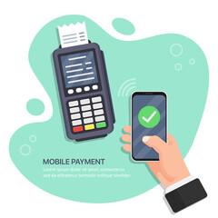 Poster - Successful payment operation. POS terminal confirms the payment by smartphone. Hand holding smartphone with mobile payment
