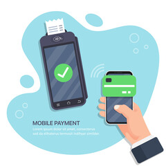 Poster - Successful payment operation. POS terminal confirms the payment by smartphone. Hand holding smartphone with mobile payment