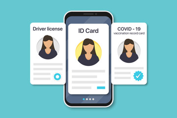 Woman digital documents in smartphone. COVID-19 vaccination record card, ID card, driver license in a flat design. Vector illustration