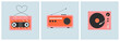 Vintage audio equipment set. Tape cassette, radio receiver, vinyl turntable in trendy 80s, 90s style. Listening to music, songs, melody concept. Isolated vector illustration collection
