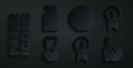 Wall Mural - Set Medal, Kettlebell, Bowling pin and ball, Basketball and Sports nutrition icon. Vector