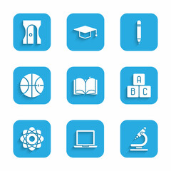 Wall Mural - Set Open book, Laptop, Microscope, ABC blocks, Atom, Basketball ball, Pencil with eraser and sharpener icon. Vector