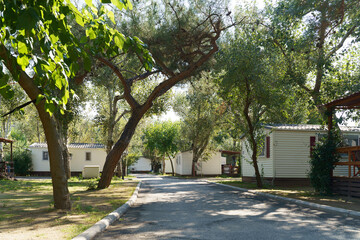 Vacation mobile houses in beautiful forest natural park. Slow living. Concept. High quality photo