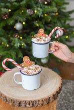 Christmas, Mugs Of Egg Nog With Whipped Cream And Candy Canes.