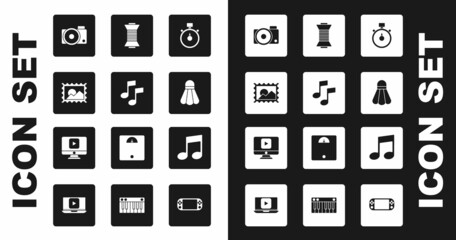 Sticker - Set Stopwatch, Music note, tone, Postal stamp, Photo camera, Badminton shuttlecock, Sewing thread spool, and Online play video icon. Vector