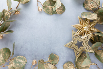 Christmas decor background. Flat lay, top view.