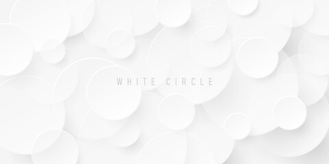 Abstract white and light grey geometric circle overlapped pattern on background with shadow. Modern silver color paper cut style with copy space. Simple and minimal banner design. Vector illustration