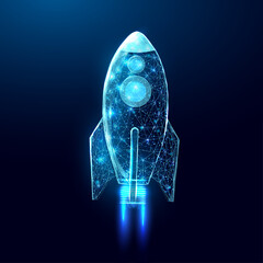 Wireframe polygonal rocket. Internet technology network, business startup concept with glowing low poly rocket. Futuristic modern abstract. Isolated on dark blue background. Vector illustration.