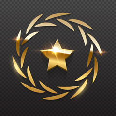 Wall Mural - gold star and circle laurel wreath shine, round badge prize for winner, award trophy