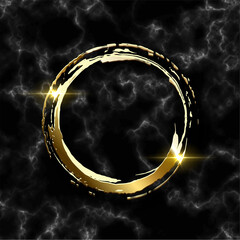 Poster - Golden glitter round frame on black marble background. Brush border design with gold sparkles. Modern glamorous Christmas card, New Year, wedding, anniversary celebration vector illustration