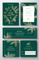 Wall Mural - Christmas Vector invitation Cards, Posters and Banners Backgrounds Set. Back and Front Design Layouts with Sketch Label with Bird, Strobile and Pine Branches Templates Collection