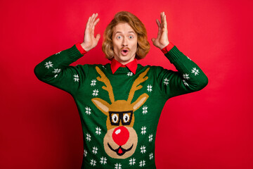 Sticker - Photo of shocked impressed young man wear green sweater rising arms big eyes isolated red color background