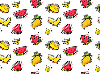 Wall Mural - Seamless vector pattern with mango and watermelon.