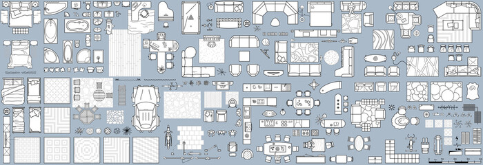 floor plan icons set for design interior and architectural project (view from above). furniture thin
