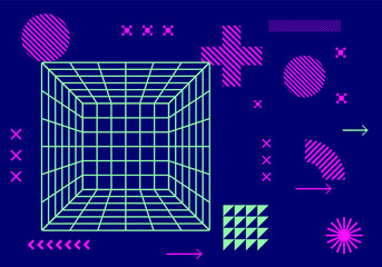Poster - Landscape made of polygonal wireframe. Concept of virtual reality and sci-fi world.