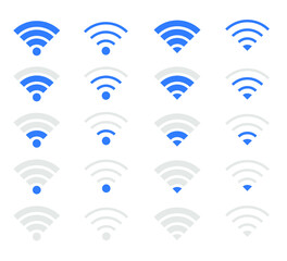 Icon wifi signal. Wireless internet symbol. Set of sign for connect of network. Bar of satellites for mobile, radio, computer. Hotspot, strength electronic wave from antenna for communication. Vector.