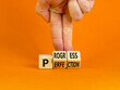 Progress or perfection symbol. Businessman turns cubes and changes the concept word 'perfection' to 'progress' on a beautiful orange background. Copy space. Business, progress or perfection concept.