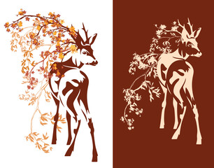 Wall Mural - autumn season vector decor set with wild deer stag standing among falling leaves and tree branches