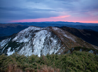 Poster - Landscape on the morning. High mountains. Meadows covered in snow. Snowy background. Nature scenery. Location place the Carpathian, Ukraine, Europe.