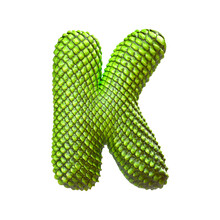 Alphabet Letter K Made Of Green Dragon Skin Isolated On White Background. 3d Render Lizard Symbol.