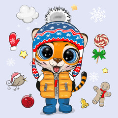 Wall Mural - cartoon tiger boy in a knitted hat